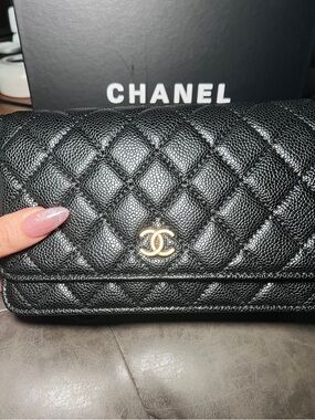 CHANEL Black Quilted Caviar Leather Wallet with Gold CC